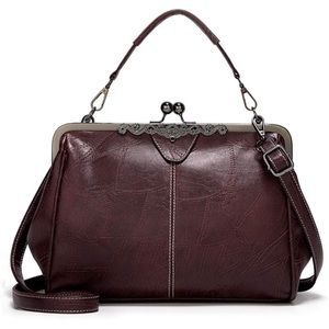 Women Retro Hollow Oil Wax PU Leather Handbag Kiss Lock Messenger Bag Handbags